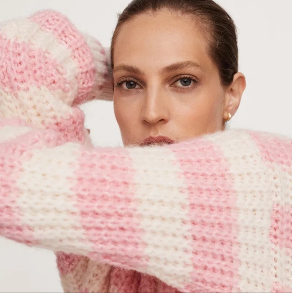 Mango Sweater Pink/white stripes Chunky Cable Size Large Soft Warm Women - Picture 5 of 10